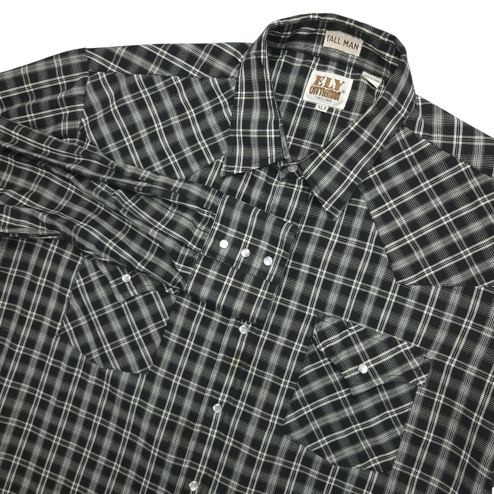 Ely Cattleman Shirt Mens XLT Black Plaid Western Pearl Snap Long Sleeve Cowboy